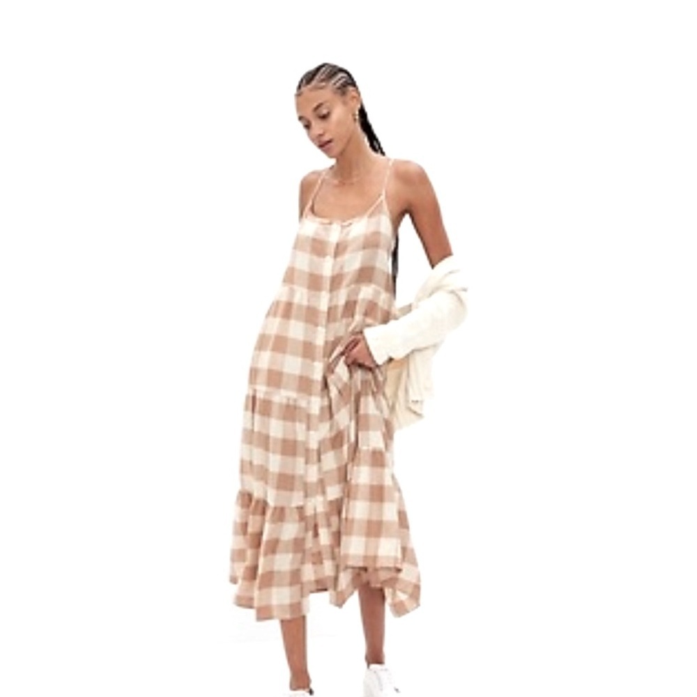 Gap Linen Blend Button Front Checkered Cami Maxi Dress Sz M
